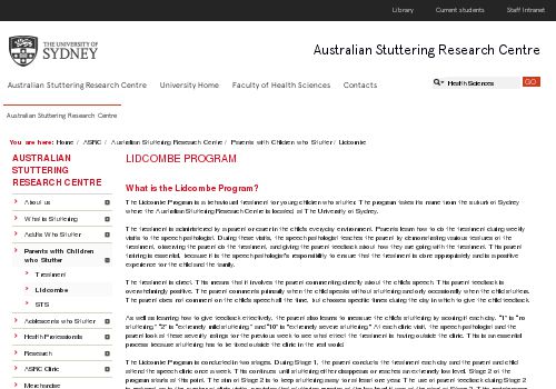 Link alla pagina web del Lidcombe Program del sito "Australian Stuttering Reasearch Centre"